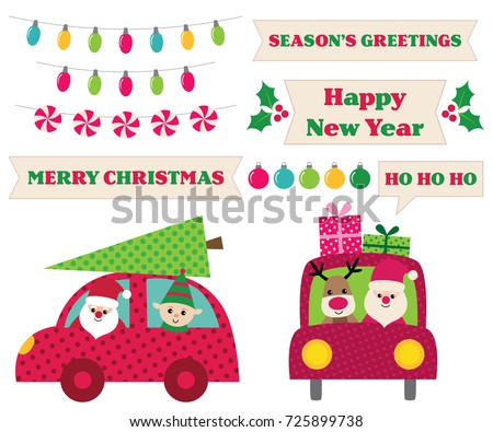 Santa Claus in a car, vector Christmas design elements collection