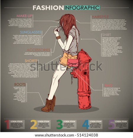 Fashion infographic with model and text. Vector collection. 