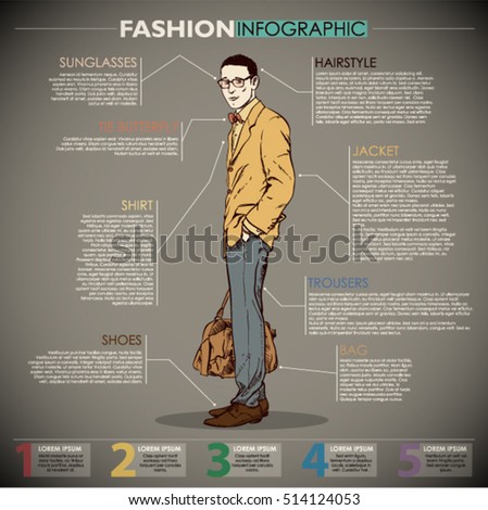 Fashion infographic with model and text. Vector collection. 