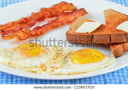 stock-photo-fried-eggs-sunny-side-up-on-white-plate-with-bacon-and-toast-with-butter-in-blue-gingham-setting-133861910.jpg