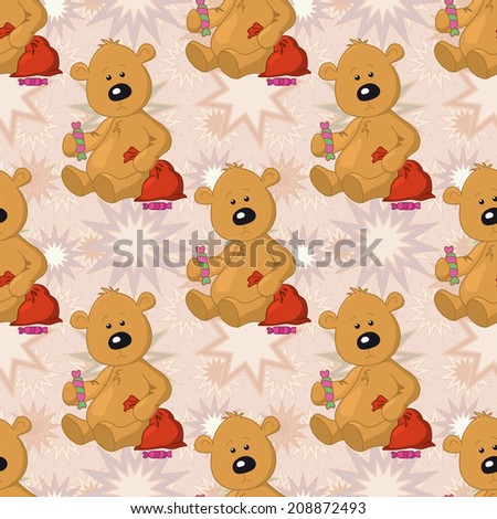 Seamless pattern, cartoon teddy bear sits with a sweet and Christmas bag on abstract stars background. Vector