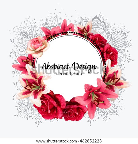 vector red rose and white lily illustration. invitation card.