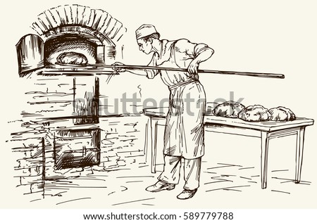 Baker introducing bread in a classic oven. Hand drawn illustration.