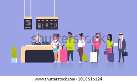 Group Of Mix Race Passengers Standing In Queue To Counter Check In Airport, Departures Board Concept Flat Vector Illustration