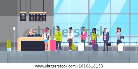 Check In Airport Group Of Mix Race Passengers Standing In Queue To Counter, Departures Board Concept Flat Vector Illustration