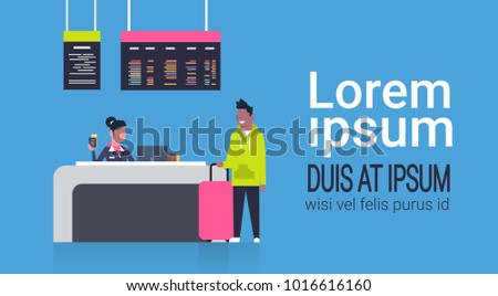 Check In Airport With Stuff Worker On Counter And African American Man Passenger With Luggage, Departures Board Concept Flat Vector Illustration