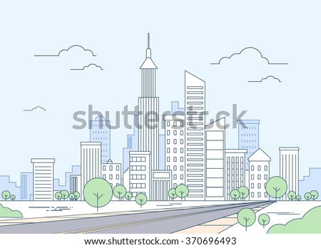 Road to Modern City View Skyscraper Cityscape Vector Illustration