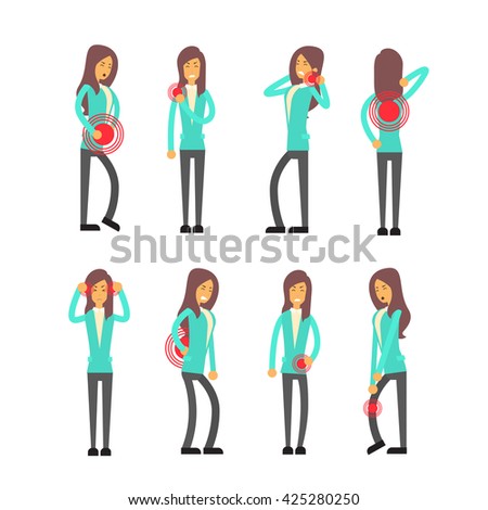 Office Worker Syndrome Sick Business Woman Pain Set Collection Flat Vector Illustration