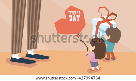 Small Boy Girl Give Present Balloon Man Long Legs Father Day Holiday Children Greeting Vector Illustration