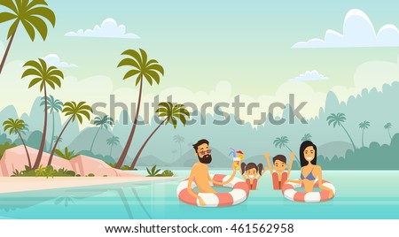 Family Swimming Holiday Sea Seaside Summer Vacation Parents With Two Children Vector Illustration