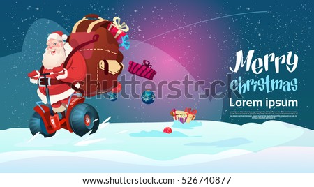 Santa Claus Ride Electric Scooter Christmas Holiday Happy New Year Greeting Card Flat Vector Illustration