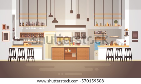 Modern Cafe Interior Empty No People Restaurant Flat Vector Illustration