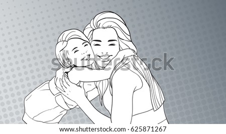 Sketched Woman Embrace Small Girl, Mother With Daughter Over Pop Art Retro Pin Up Background Vector Illustration