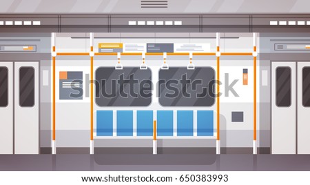 Empty Subway Car Interior Modern City Public Transport, Underground Tram Flat Vector Illustration
