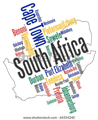 South Africa map and words cloud with larger cities - stock vector