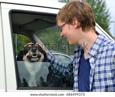 Young man caresses dog (Lapland Reindeer dog, Reindeer Herder, lapinporokoira (Finnish), lapsk vallhund (Swedish) in car.