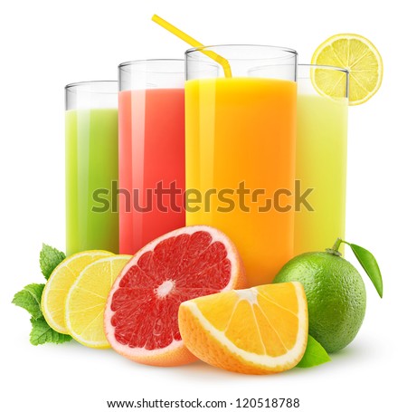 Isolated drinks. Glasses of fresh citrus juices (orange, grapefruit, lemon, lime) and cut fruits isolated on white background