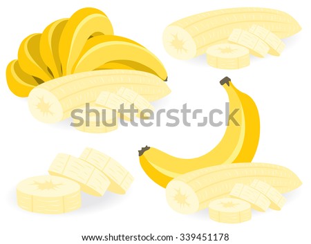 Vector banana. Peeled and sliced bananas, collection of vector illustrations