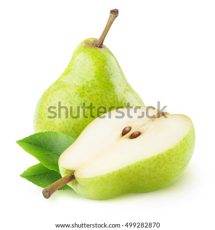 Isolated pears. One and a half green pear fruit isolated on white background with clipping path