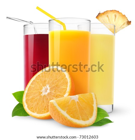 Isolated fruit juices. Three glasses of orange, pineapple and cherry juice and cut orange fruit isolated on white background