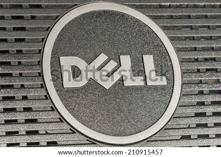 KIEV, UKRAINE - JULY 14, 2014: Dell logotype closeup back side of flat digital monitor. Dell Inc. is an American multinational computer technology company that develops, sells and repairs computers.
