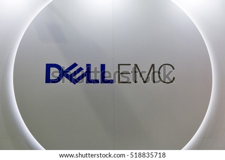 KIEV, UKRAINE - OCTOBER 09, 2016: Dell Emc, American data storage company logo illuminated closeup on booth during CEE 2016, the largest electronics trade show of Ukraine in KyivExpoPlaza EC.