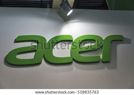 KIEV, UKRAINE - OCTOBER 09, 2016: Acer logo closeup, a Taiwan based international computer company booth during CEE 2016, the largest electronics trade show of Ukraine in KyivExpoPlaza EC.