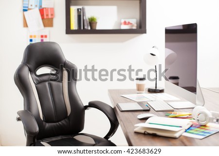 Office Space And Desk Of A Graphic Designer With Desktop Computer Notes Color Office Space And Desk Of A Graphic Designer With Desktop Computer Notes Color