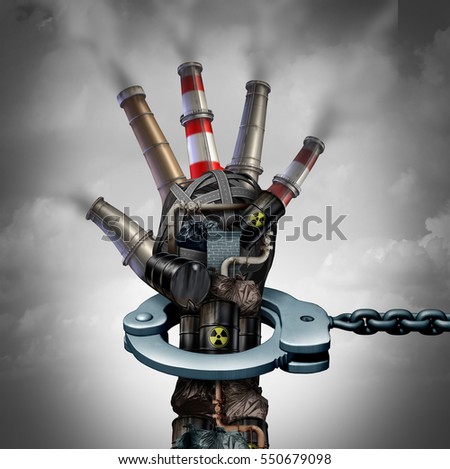 Illegal pollution environmental protection concept as a group of toxic waste with industrial smoke stacks shaped as a human hand in a handcuff for polluter justice with 3D illustration elements.