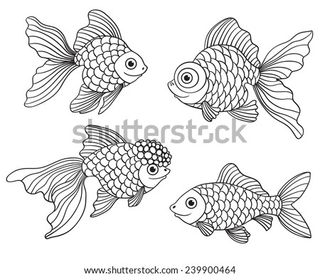 Set of the different linear goldfishes. Vector illustration. Isolated on white.