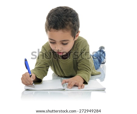 Cute Young Schoolboy Writing Isolated on White Background