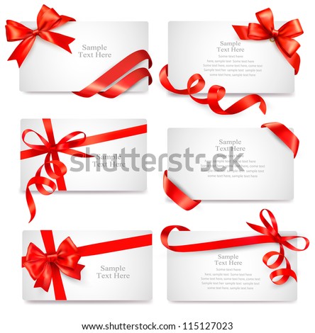 Set of beautiful cards with red gift bows with ribbons Vector