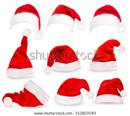 Collection of red santa hats. Vector.