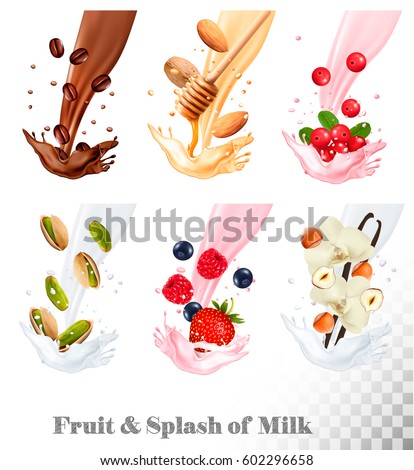 Big collection icons of fruit in a milk splash. Coffee, nuts, cranberry, raspberry, strawberry, almond, blueberry, honey, vanilla. Vector Set