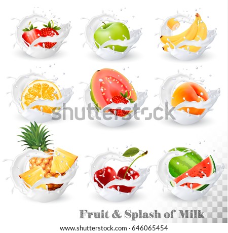 Big collection of fruit in a milk splash. Pineapple, cherry, banana, apple, watermelon, peach, guava, strawberry, orange. Vector Set 14.