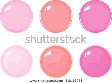 Illustration of icon bottons isolated on white. Set of Pink labels, 6 bottons. Multi-colored glass balls. Vector