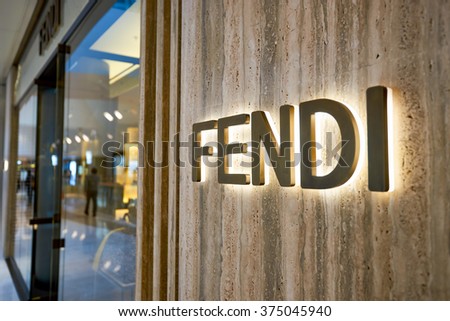 HONG KONG - JANUARY 26, 2016: Fendi logo on the wall at Elements Shopping Mall. Fendi is an Italian luxury fashion house.