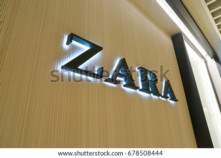 SEOUL, SOUTH KOREA - CIRCA MAY, 2017: close up shot of Zara sign. Zara is a Spanish clothing and accessories retailer