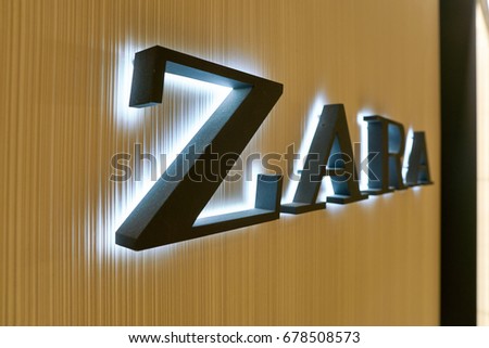 SEOUL, SOUTH KOREA - CIRCA MAY, 2017: close up shot of Zara sign. Zara is a Spanish clothing and accessories retailer