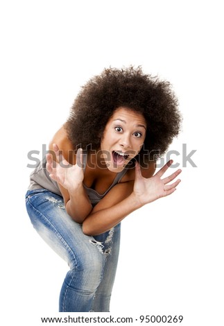 Afro-American young woman yelling with afraid of something, isolated on white