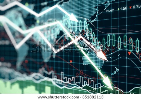 Business chart with glowing arrows and world map