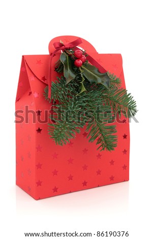 Christmas gift bag in red with star design and pine fir tree leaf sprig with holly and red berry decorative spray isolated over white background.