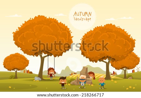 Cheerful children play outdoors. Vector illustration of Autumn theme