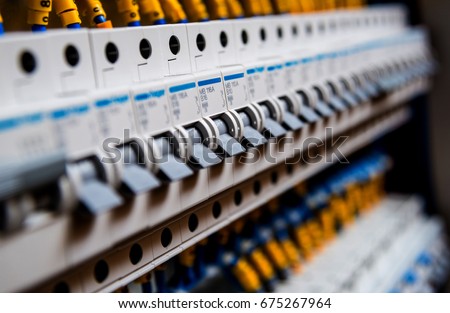 Voltage switchboard with circuit breakers. Electrical background
