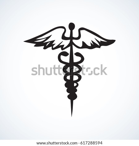 Ancient rx hermes rod on white background. Web outline logo concept. Freehand linear black ink hand drawn picture emblem sketchy in art retro scribble contour style. View closeup with space for text