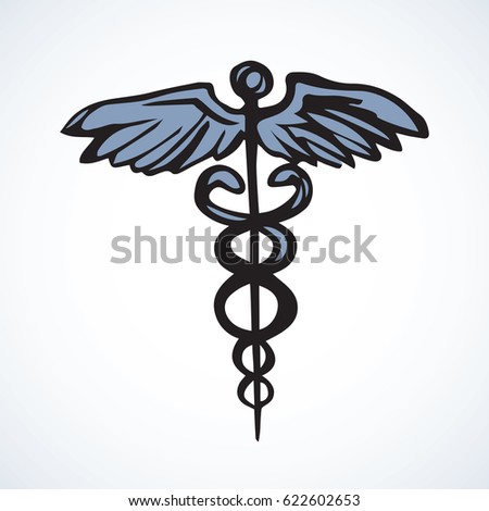 Ancient rx hermes rod on white background. Web outline logo concept. Freehand linear black ink hand drawn picture emblem sketchy in art retro scribble contour style. View closeup with space for text