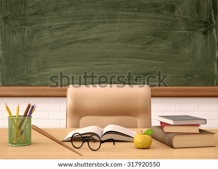 3d illustration of the teacher's Desk in front of a green Board
