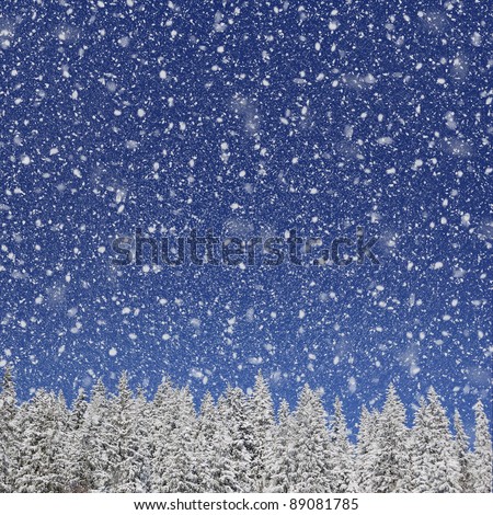 Winter background for design. Falling snow against the blue sky and trees