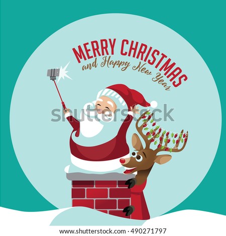 Merry Christmas Santa Claus taking a selfie with his reindeer on the rooftop. EPS 10 vector.