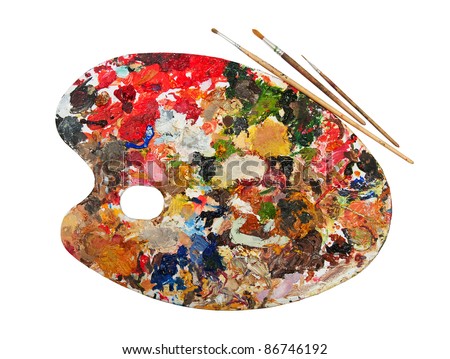 Art Palette With Blobs Of Paint And A Brush On White Background Art Palette With Blobs Of Paint And A Brush On White Background